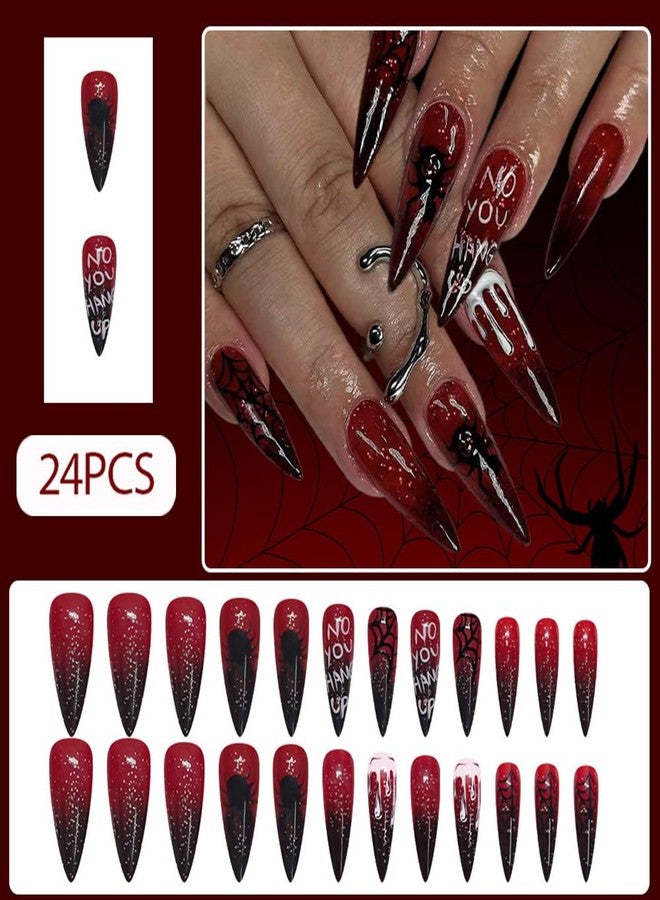 WAFOLOZE Halloween Press on Nails Long Tip Claret Ombre Fake Nails with Spider Web a Little Glitter Glossy Design, Artificial False Nails Press Ons Glue on Nails For Women - Image 2